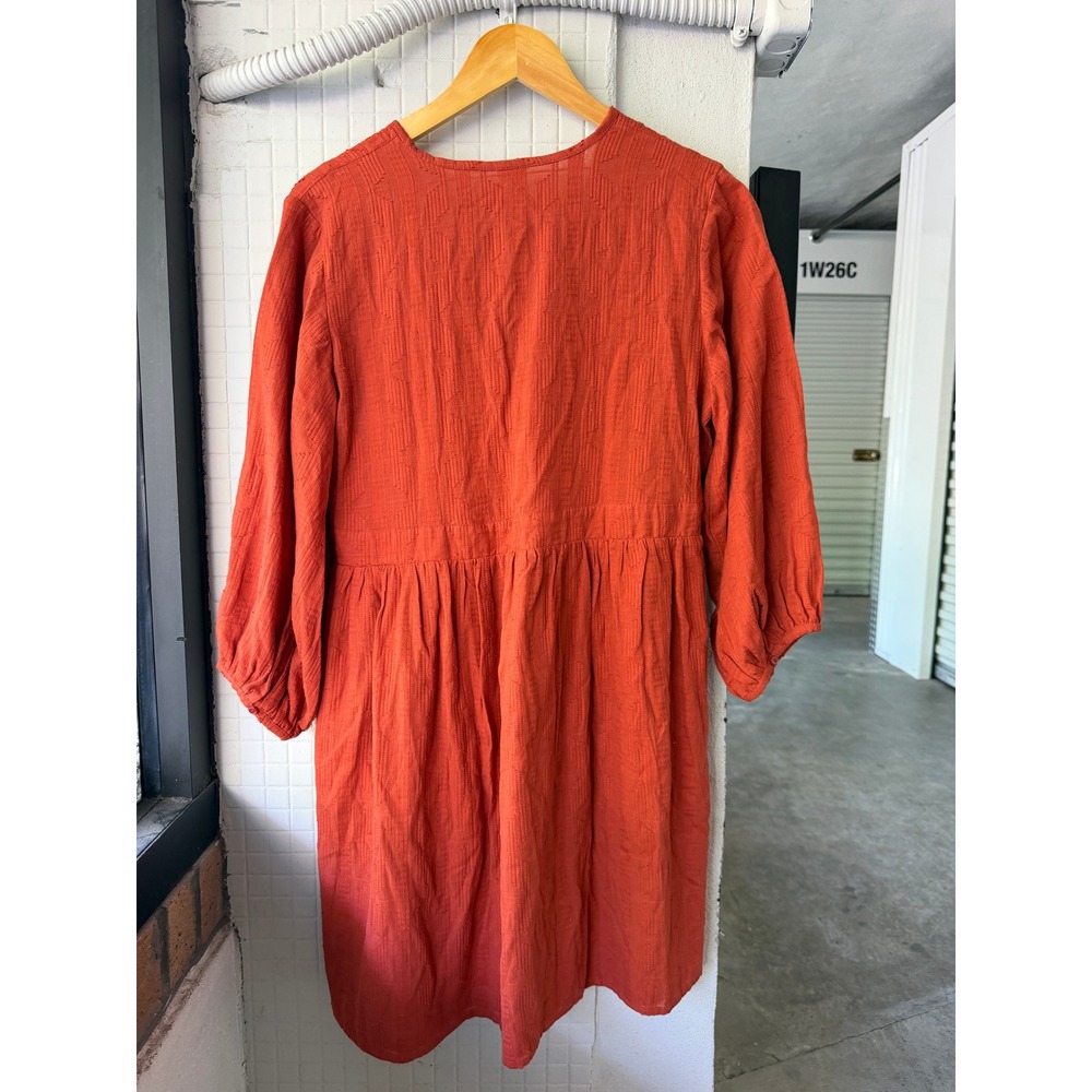 ROVE Alma Mini Dress Cotton M Rust Textured V-Neck Balloon Sleeve Babydoll - Picture 5 of 9